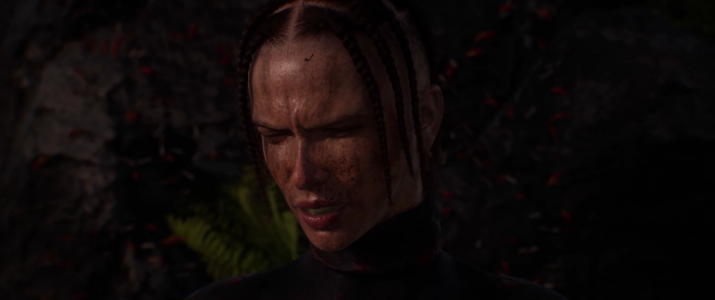 Break Human in-game screenshot: close-up of the braided protagonist, face streaked with dirt